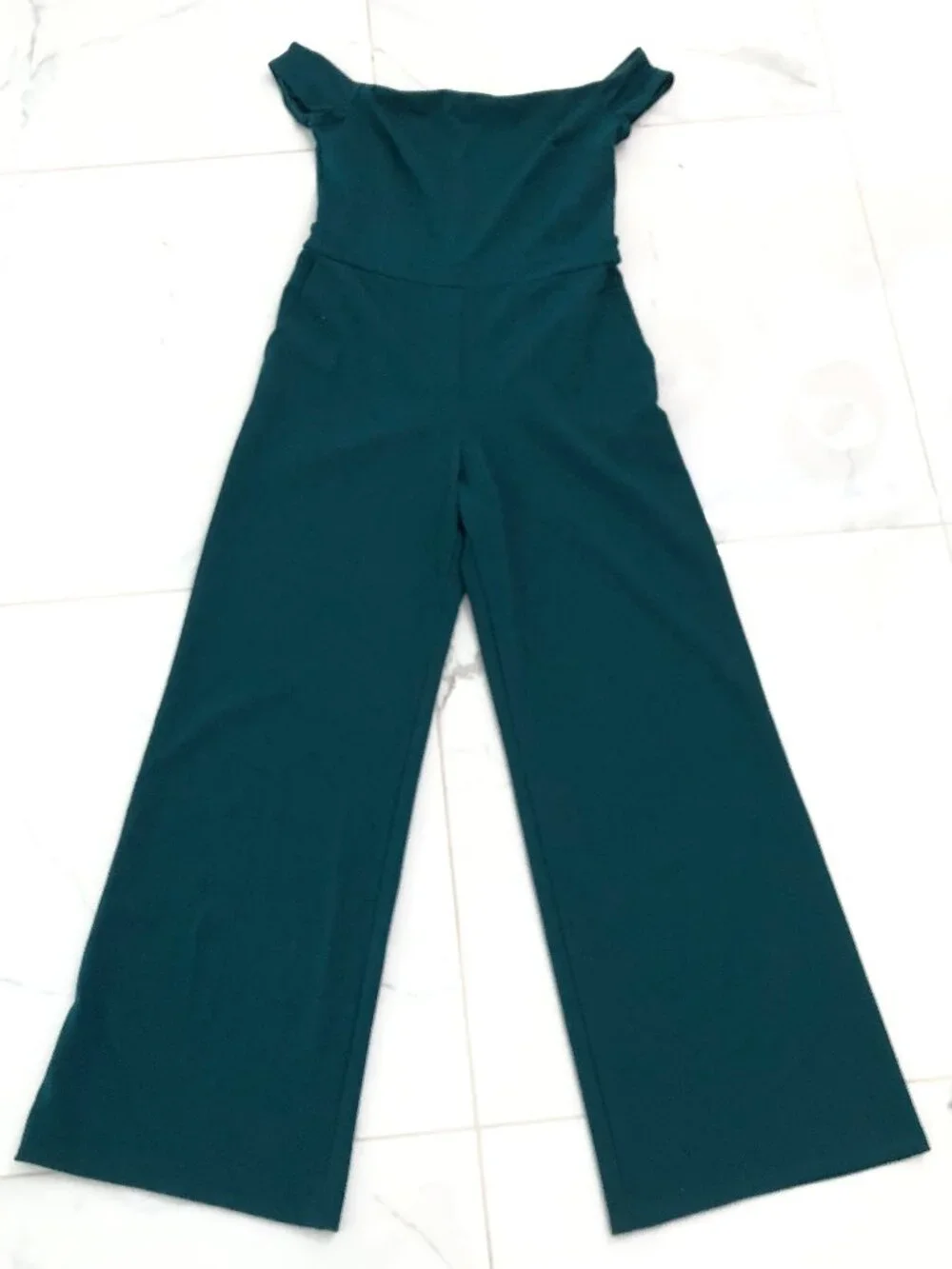 EXPRESS DEEP TEAL GREEN OFF THE SHOULDER WIDE LEG JUMPSUIT Size M MEDIUM PARTY - Picture 5 of 14